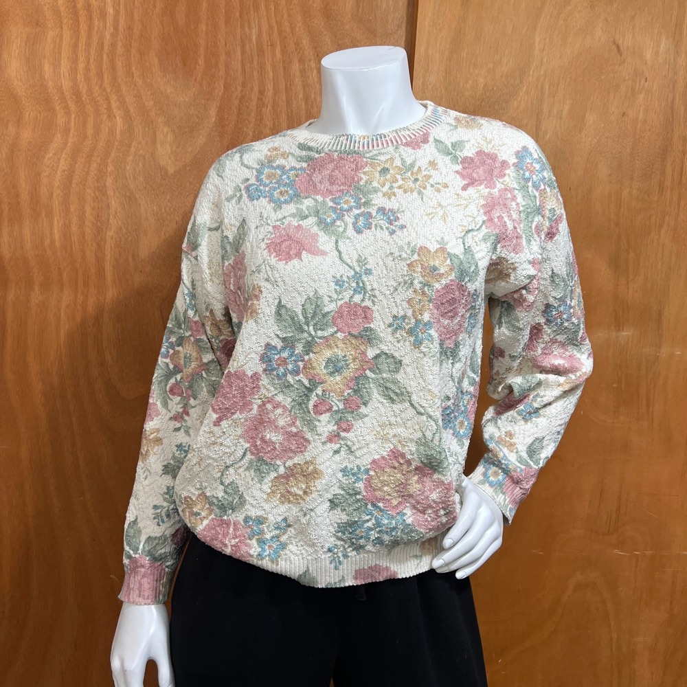 Vintage United States Sweaters Floral Knit Crewneck Pullover USA Made L